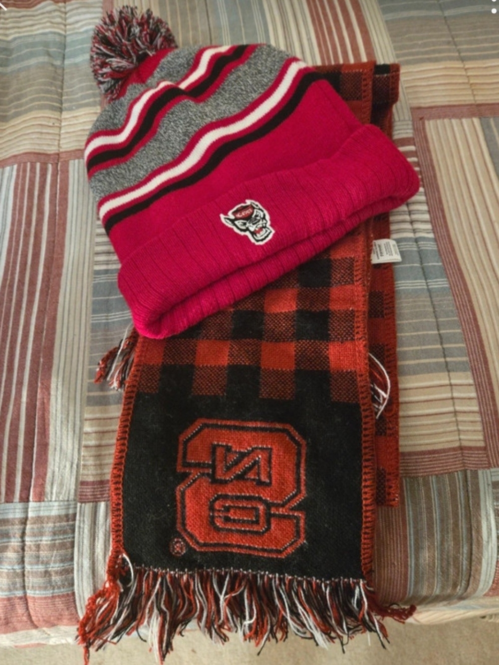 STATE Gray & White Pom Beanie with Red and Black Logo Scarf